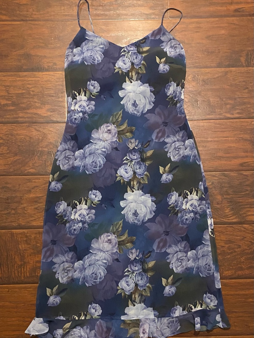 Blue Floral Midi Dress with Spaghetti Straps